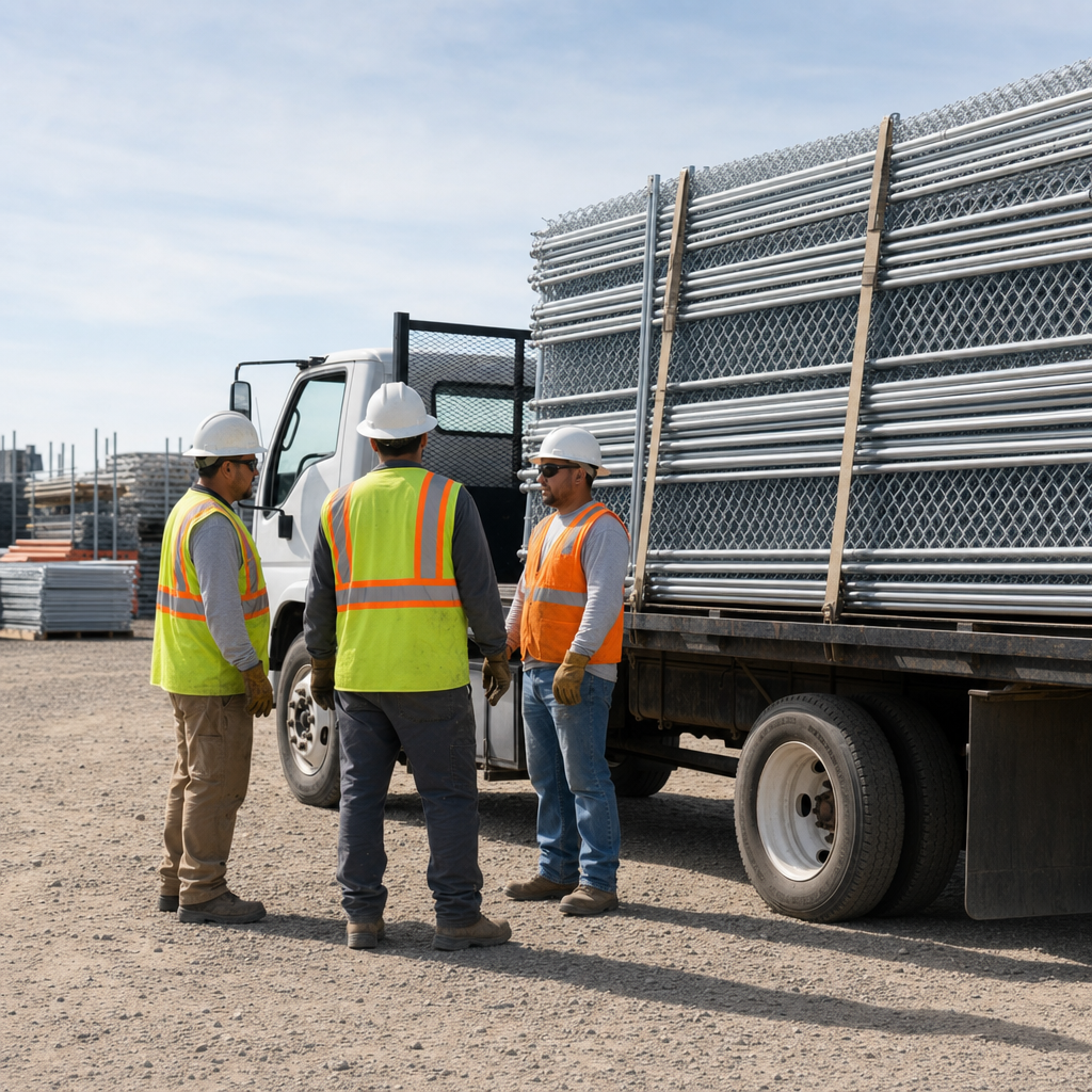 Fence crew in high-visibility safety vests standing beside a flatbed truck loaded with temporary fence panels