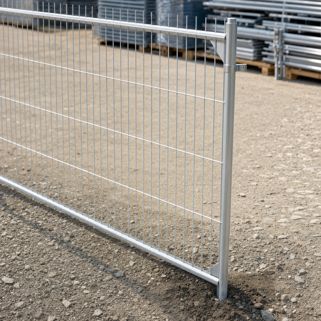 Post-driven temporary fence posts and welded-mesh panel along a construction perimeter