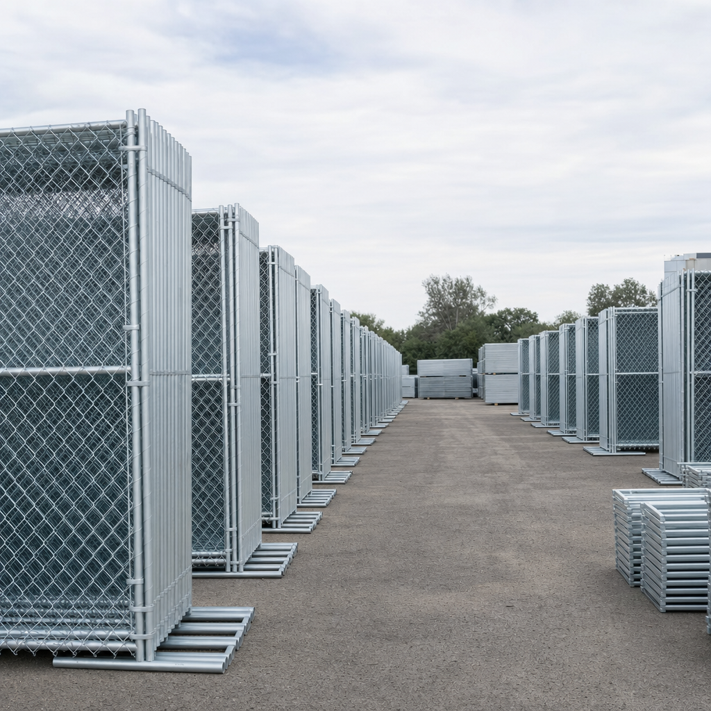 Rows of galvanized temporary fence panels staged in a clean, bright rental yard