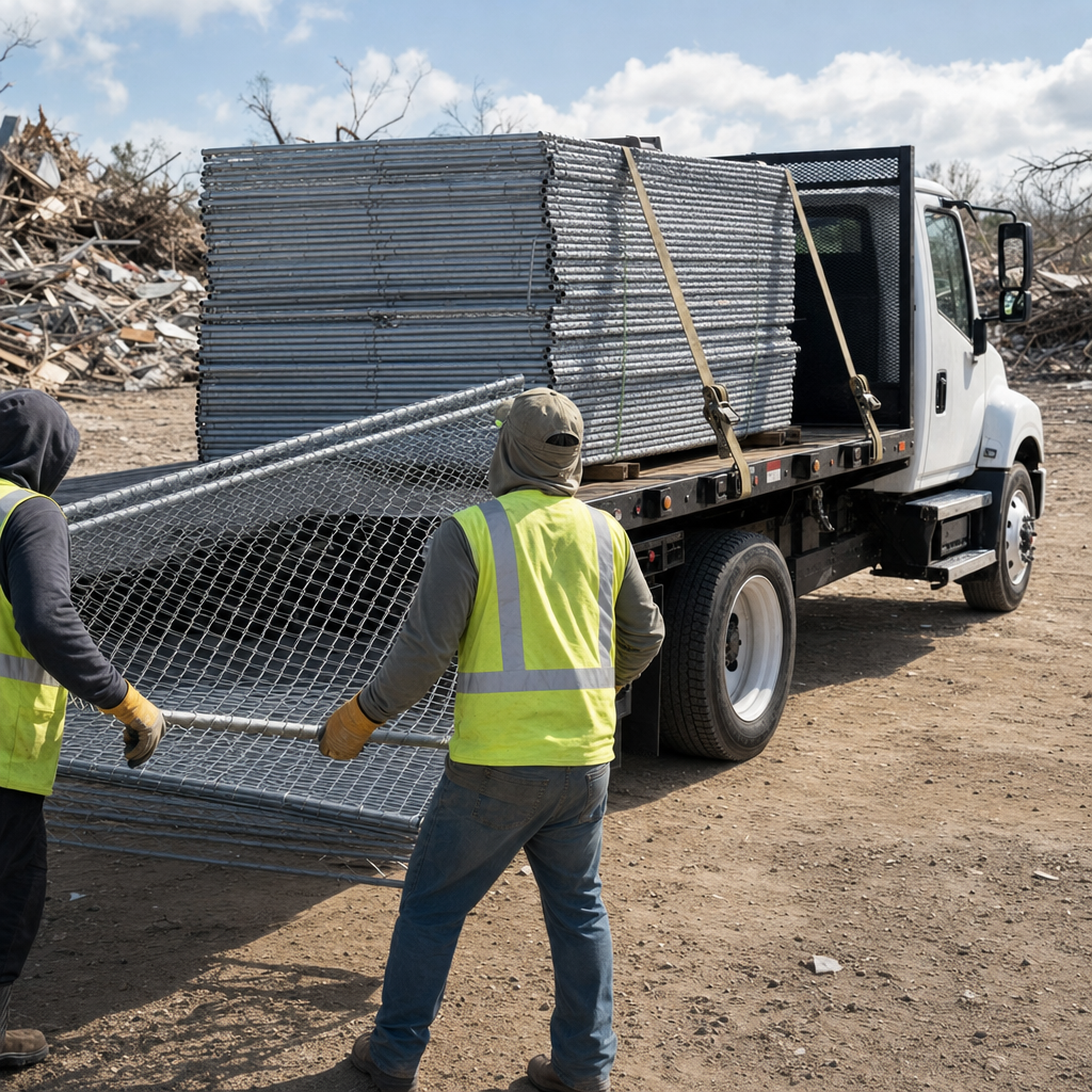 Gloved crew unloading a stack of galvanized steel fence panels from a flatbed truck at a cleared disaster site