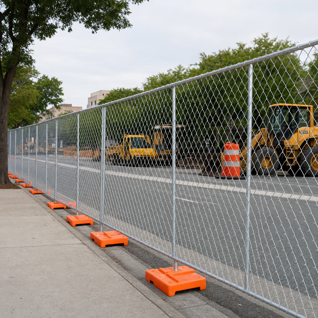 Temporary chain-link fence panels lining the perimeter of a permitted public-works road zone