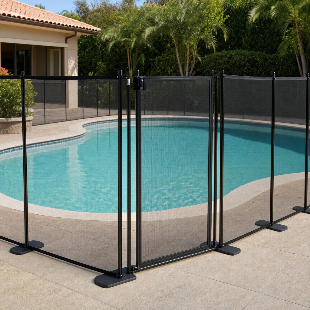 Code-compliant temporary mesh barrier enclosing a pool with a self-latching gate